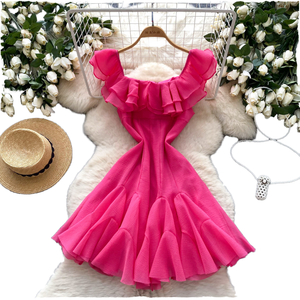 Vestido de Verano para <span class=keywords><strong>Mujer</strong></span>, Modelo 5115, Color Sólido, <span class=keywords><strong>con</strong></span> Volantes, Hombros Descubiertos, Mangas Abullonadas, Corte en A, Falda Escalonada, Elegante para Vacaciones - Product Image 1