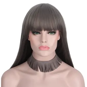 Anxin stok panjang halus lurus wig Remy Virgin dengan poni pinggiran rambut sintetis untuk wanita