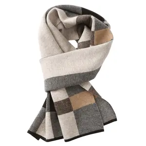 Bufandas de diseño simple y elegante para hombre, bufandas de cuello de invierno de lana pura, bufandas gruesas y cálidas de tartán para hombre, proveedor al por mayor