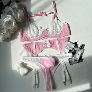 Ensemble de lingerie sexy pour femme avec broderie de logo personnalisé, dentelle à nœuds, sous-vêtements de demoiselle d'honneur et bas en soie froncés transparents - Product Image 6