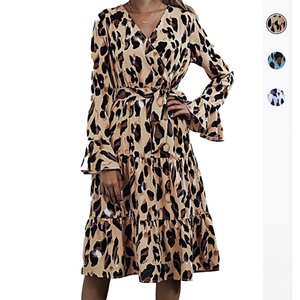 Vestidos Midi de Manga Larga con Estampado de Leopardo, Estilo Otoñal, para Mujer, de Alta Calidad, Personalizados al por Mayor, OEM, Corte en A Natural - Product Image 1