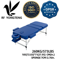 Table de massage avec support pour le visage, avec sangle de maintien pour le bras et accoudoirs latéraux, lit pliant en 3 sections, cadre en aluminium léger, bleu