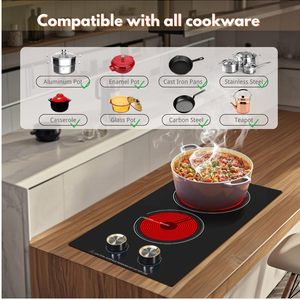 Placa de cocción eléctrica vitrocerámica empotrada de 2 quemadores con control por perilla, en negro Domino. - Product Image 6