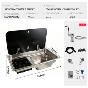 Unité de cuisine pour camping-car avec évier et <span class=keywords><strong>plaque</strong></span> à induction, évier de <span class=keywords><strong>caravane</strong></span> en acier inoxydable avec robinet et couvercle en verre - Product Image 3