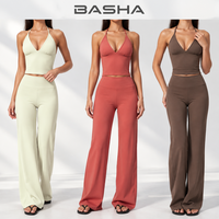 Ensemble de yoga brossé à décolleté plongeant, débardeur et pantalon évasé, respirant, pour le fitness et l'entraînement, vêtements de sport deux pièces pour femmes, vente en gros