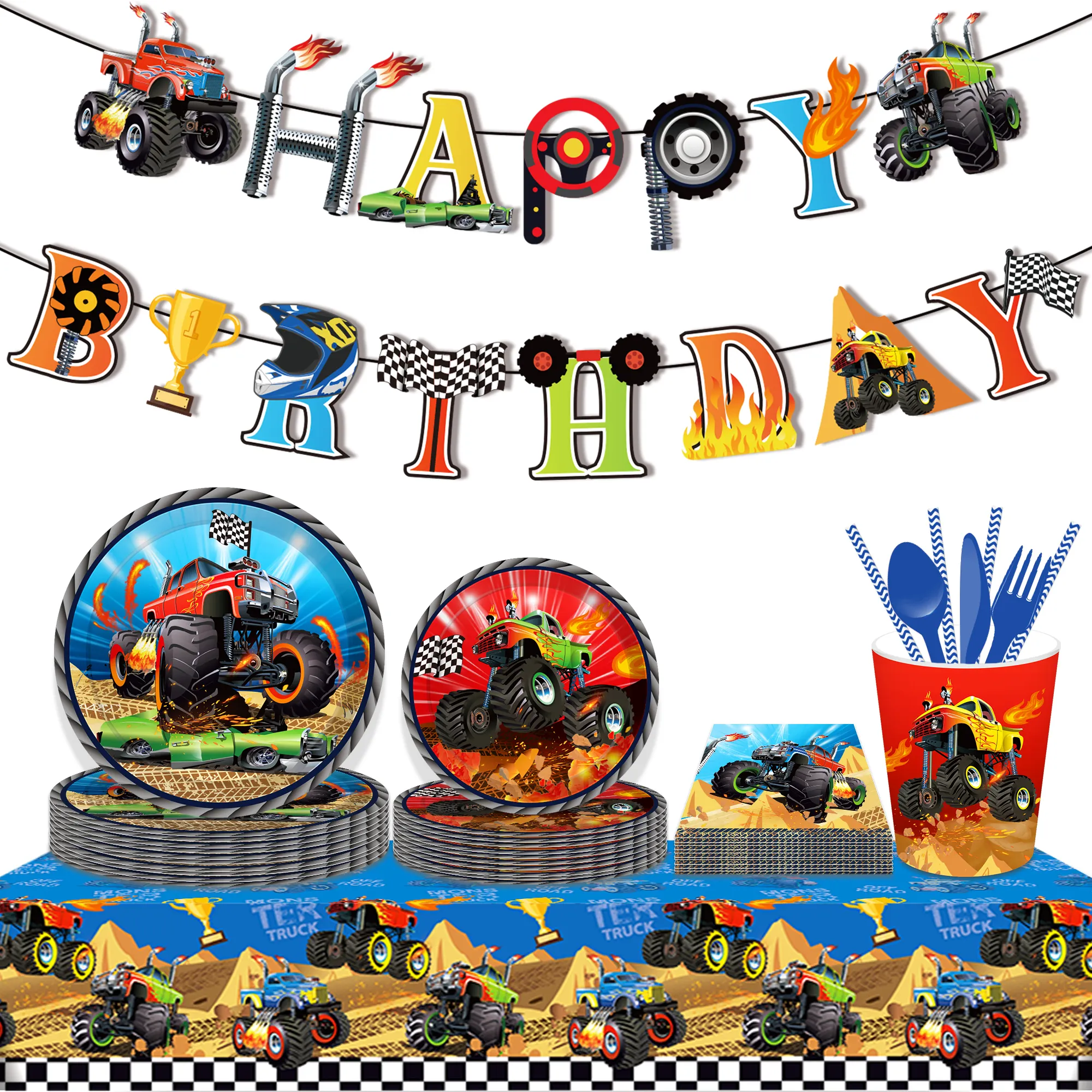 Huancai Monster Truck Feestartikelen Papieren Borden Cups Servetten Wegwerp Servies Set Voor Kinderen Verjaardag Racing Party Decor