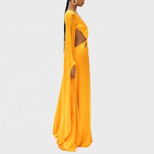 Abito da donna in raso di seta 100%, scollatura audace con schiena scoperta, lunghezza fino al pavimento, splendido abito senza pari, maniche lunghe, maxi abito in pura seta - Product Image 3