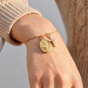 Bracelet religieux en acier inoxydable 316L et or 18 carats pour femme, avec breloques croix en zircon cubique, Vierge <span class=keywords><strong>Marie</strong></span> et Saint Benoît, bijoux Satellite - Product Image 6