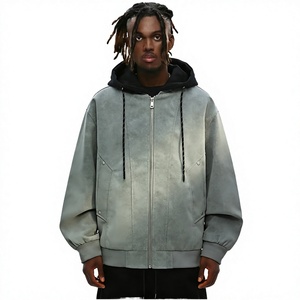 Factory ODM Wholesale Custom Logo Men's Loose Streetwear Solid Hooded PU <b>Suede</b> Zipper Dyed Spring Windproof Bomber <b>Jacket</b> - Product Image 2