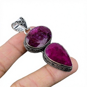 925 Sterling Silver Dyed Natural <b>Ruby</b> Gemstones Fine Pendants Dual Gemstones Oval & Pear Shape Cut Fine Jewelry For Women Wear - Product Image 2