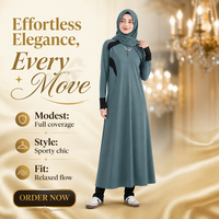 Gamis Olahraga Muslimah Khusus, Abaya Islami Modis, Gaun Panjang Aktif dengan Desain Saku Samping, Potongan Longgar untuk Aktivitas Olahraga Muslimah