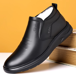 Men's Slip-On Leather Shoes Black <b>Wool</b> Lined Warm Winter Style Non Slip Thick Sole For Middle Aged And Elderly Men - Product Image 1