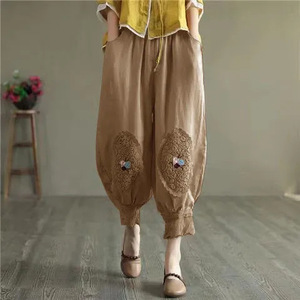 Cotton Linen Lantern Pants Beige Embroidered <b>Lace</b> Trim Loose Fit <b>Elastic</b> Waist Casual Harem Pants Cropped Women's Pants - Product Image 1