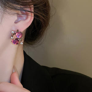 עגילי יהלום פרחוניים 2 יחידות/סט זהב סיטונאי, שרשרת צ'וקר פרחונית קריסטל צבעונית עם אבני חן לנשים, מתנה לכלה - Product Image 2