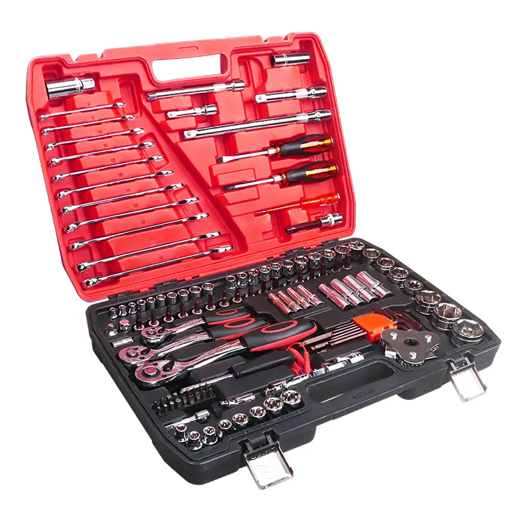 121PCS Kit Set di bussole per riparazione auto Set di utensili manuali Set di chiavi a bussola combinate con cassetta degli attrezzi in plastica per riparazione auto