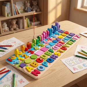 Jeu de pêche magnétique en bois six-en-un UBM avec alphabet, chiffres, perles et anneaux – Jouet d'apprentissage précoce des mathématiques pour <span class=keywords><strong>les</strong></span> 3-6 ans - Product Image 1