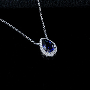 925 Sterling Silver Pear Cut Lab-Created Sapphire Pendant Necklace with CZ Halo, Women's <b>Wedding</b> & Party Jewelry - Product Image 3