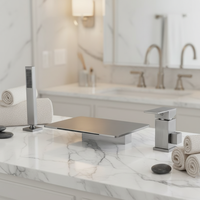 Ensemble de douche contemporain en laiton à double poignée, avec pommeau de douche carré en céramique effet pluie et douchette à main chromée polie, pour baignoires à rebord