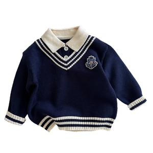 JK Style Knit Sweater With Embroidered Crest School Uniform Look Cotton Blend Gray And Navy Blue For Kids And Teens - Product Image 4