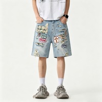 Shorts en jean déchirés pour homme, broderie écusson Dark Street, coupe droite ample, style urbain, été