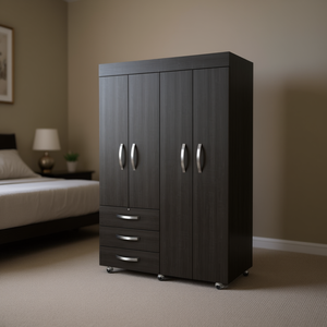 Armoire Hamilton à double porte, 3 tiroirs, 2 étagères avec tringles, meuble de chambre moderne autoportant en bois noir - Product Image 2