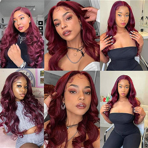 <span class=keywords><strong>Parrucca</strong></span> anteriore in pizzo trasparente da <span class=keywords><strong>donna</strong></span> 99J rosso bordeaux con onde a forma di Bob 180% densità dei capelli brasiliani - Product Image 5