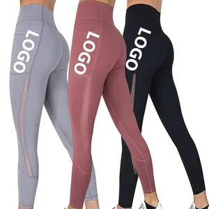 Mallas elásticas de cintura alta para mujer, pantalones de gimnasio con bolsillos, Control de barriga, entrenamiento, Yoga, sin costuras, 4 vías, buen precio, venta al por mayor