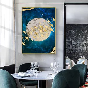 Абстрактная луна, настенная Картина на холсте, золотые горы, птицы, скандинавские постеры и принты, настенные картины для гостиной, домашний декор