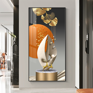 Dipinto su Tela con Geometria Astratta e Foglie, Arte Decorativa di Lusso con <span class=keywords><strong>Cervo</strong></span> Dorato per Soggiorno e Camera da Letto - Product Image 4