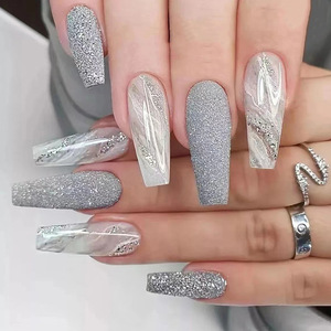 Ongles à presser de luxe longs et brillants effet marbre gris et blanc, 24 pièces, avec colle - Product Image 1