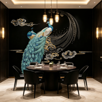 Wallpaper Tempel, Mural Burung Biru Hijau, Dinding Latar Belakang Hitam untuk Villa, Hotel, Klub, Kamar Tidur & Dinding Sofa di Foyer