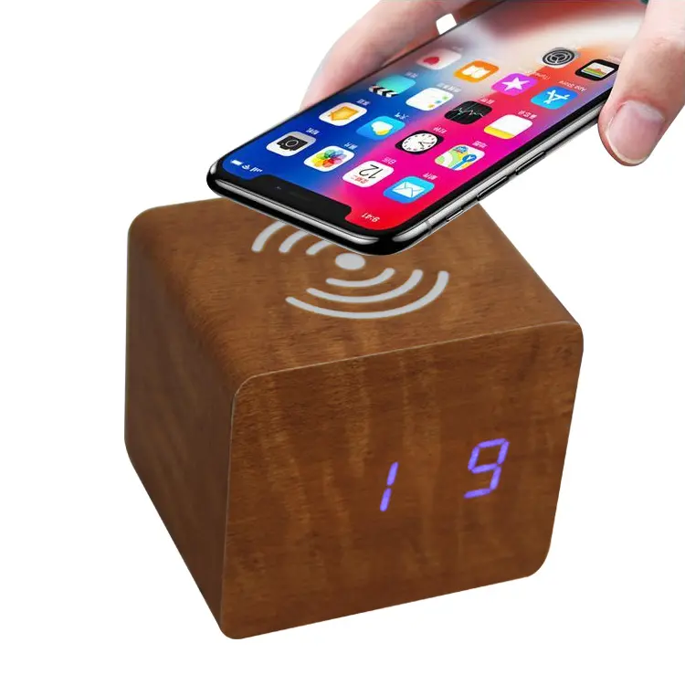 Creative Home Decor Multifunction Portable Mini Cube Wooden LED Mobile Phone QI Wireless Charger Clock