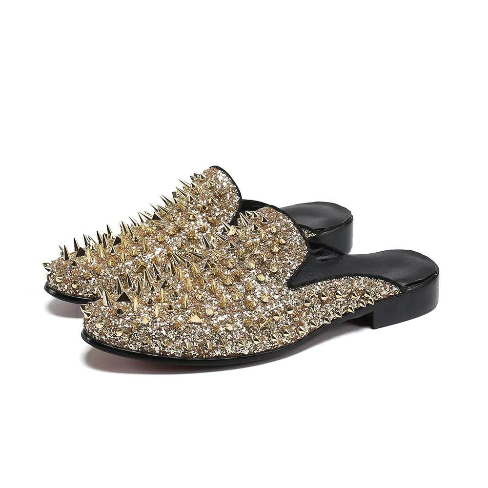 Sapato — pantoufles à pointes dorées pour hommes, chaussures de luxe, à paillettes, Super étoiles, souliers de mariage à Rivets, NA359