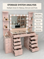 Coiffeuse de luxe rose pour chambre à coucher avec miroir LED Hollywood et plusieurs tiroirs pour cosmétiques