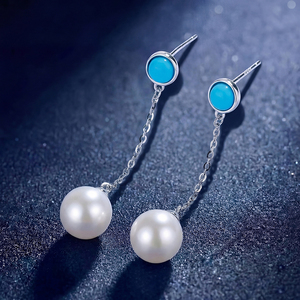 Copper <b>Turquoise</b> Round Bezel White Pearl Long Chain Drop <b>Earrings</b> for Women Dangle Pearl <b>Stud</b> Boho Jewelry Elegant Gift - Product Image 4