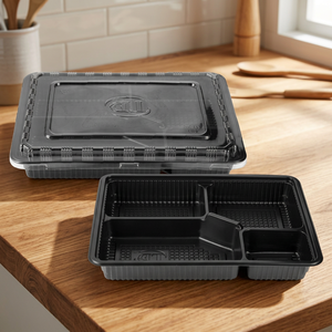 Conteneur alimentaire jetable en plastique à 1, 2 ou 4 compartiments avec couvercle, noir, boîte à lunch à emporter, préparation de repas, conteneur de stockage alimentaire - Product Image 1