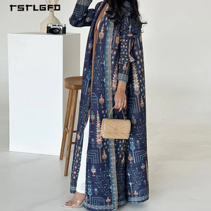 Robe longue plissée pour femme, style Abaya, imprimé tapis persan Kilim, ceinture à nouer, manches longues, modeste, de luxe, ethnique, OEM/ODM - Product Image 6