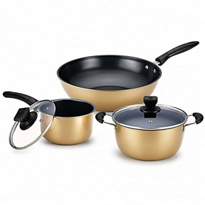 Lot de 3 casseroles en fonte raffinée, ensemble de cuisine 3-en-1 doré, batterie de cuisine antiadhésive en fonte - Product Image 1