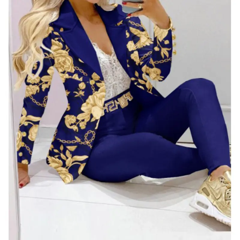 Custom Casual Hoge Kwaliteit Nieuwste Ontwerp Lange Mouwen Dames Formele Blazer En Broek Tweedelige Sets Afdrukken Womens Suits