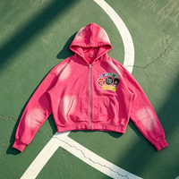 Sweat-shirt décontracté pour homme en coton épais, coupe ample, avec fermeture éclair, imprimé graphique de dessin animé, délavé à l'acide, dégradé rose, style streetwear