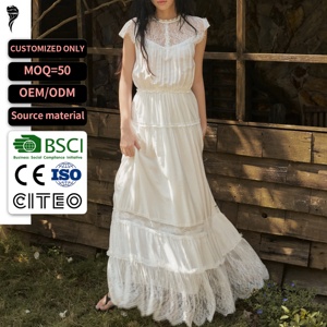Robe longue sans manches en dentelle pour femme, style bohème, blanche, à volants étagés, taille élastique, vintage, pour les vacances - Product Image 1
