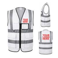 Chaleco de Seguridad Reflectante con Logotipo Personalizado, Blanco, con Múltiples Bolsillos, Cierre Frontal con Cremallera, para Trabajos de Construcción, Hombres, Clase 2, Alta Visibilidad, Transpirable