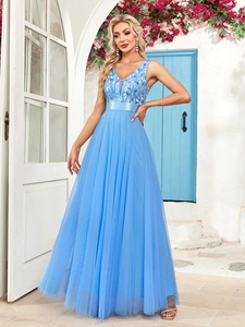 Robes de <span class=keywords><strong>Demoiselle</strong></span> <span class=keywords><strong>d</strong></span>'<span class=keywords><strong>Honneur</strong></span> Tendance à Taille Empire, Sans Manches, Col en V, Élégantes, Coupe A-line, Longueur Ras du Sol, en Tulle, pour Soirées <span class=keywords><strong>et</strong></span> Bals de Promo pour Femmes - Product Image 5