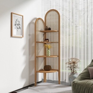 Scaffale Triangolare in Legno Massello e Rattan Giapponese per Soggiorno, Balcone, Camera da Letto, Angolo Pavimento, Mobile Laterale per Piccoli Appartamenti - Product Image 6