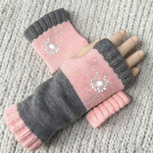 Gants en tricot chauds pour femmes, patchwork, broderie d'oiseaux, demi-doigts pour écran, hiver, extérieur, respirants, mitaines - Product Image 2