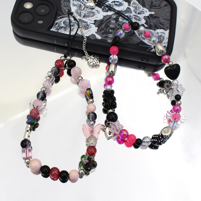 Black Y2K Acrylic Anti-lost Mobile Phone Lanyard Wrist Strap Women's Hand-held Chain Bear Beaded Cell Phone Straps Wristband