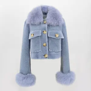 QIUCHEN- QC22079-2 Luxury Women Cashmere Show Hilum Cropped Jacket With Real Fox Fur Collar cuffs 100% Wool Coat