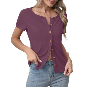 Cárdigan de verano ligero ajustado para <span class=keywords><strong>mujer</strong></span>, transfronterizo para <span class=keywords><strong>Amazon</strong></span>, Comercio Exterior, Camisa cómoda con botones en la parte superior de la costilla, patrón sólido - Product Image 4