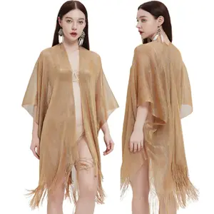 Hot new cuffs gold and silver tassel cape female solid color summer transparent thin model shawl