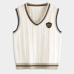 Gilet en tricot pour uniforme scolaire Dalang, en pur coton, style britannique, pour garçons et filles, blanc cassé avec motif de badge - Product Image 1